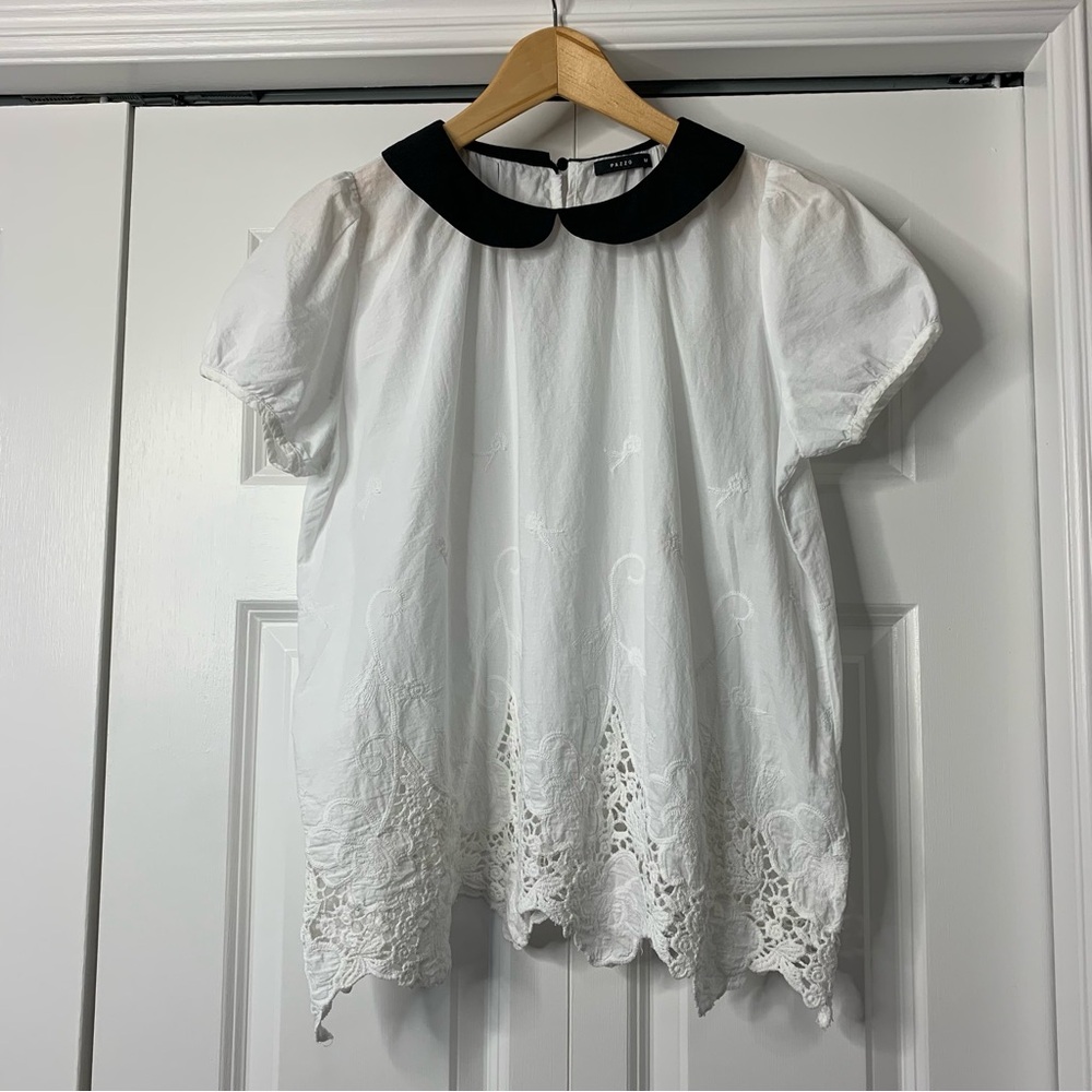 PAZZO White S Sleeve Blouse with Black PeterPan Collar Crochet Lace Trim Size M